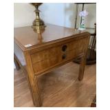 DREXEL WOOD END TABLE W/ 2 DRAWERS, WOOD VENEER