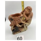 CARVED SOAPSTONE MONKEY FIGURE, HOLDING VESSEL,