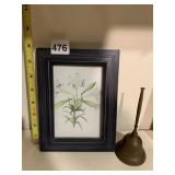 FRAMED BOTANICAL PRINT, LILY MOTIF, BRASS HAND