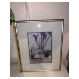 FRAMED BOTANICAL PRINT, IRIS & TEACUPS MOTIF,