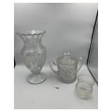 PRESSED GLASS VASE, COVERED SUGAR, SMALL JAR (3).