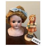 PORCELAIN DOLL HEAD W/ WIG, HUMMEL FIGURINE.