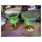 PAIR OF URANIUM GLASS FOOTED VASES, AMBER STEMS,