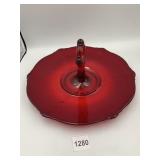 RUBY RED GLASS TIDBIT TRAY, CENTER HANDLE,