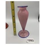PINK GLASS BUD VASE, BLUE RIM, BLUE BASE,