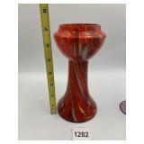 ART GLASS VASE, RED, YELLOW, WHITE SWIRL PATTERN,