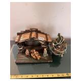 NATIVITY SCENE W/ WOOD STABLE, CERAMIC FIGURINES,