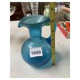 BLUE GLASS PITCHER, APPLIED HANDLE, FLUTED RIM.