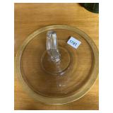 GLASS CAKE PLATE W/ CENTER HANDLE, GILT DECORATED