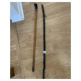 TWO WALKING STICKS, NATURAL BRANCH & WOODEN CANE.