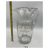 CLEAR GLASS PITCHER W/ GILT & ENAMEL FLORAL