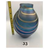 IRIDESCENT ART GLASS VASE, BLUE W/ SWIRLED