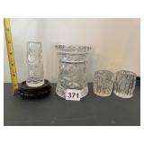 ASSORTED CUT GLASS VASES & VOTIVE HOLDERS W/