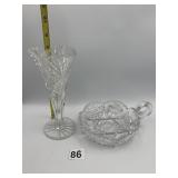 ORNATE CLEAR PRESSED GLASS VASE, MATCHING HANDLED