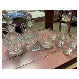 CLEAR PRESSED GLASS DECANTERS W/ STOPPERS, SMALL