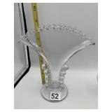 CLEAR GLASS FAN VASE, BEADED RIM & ACCENTS,