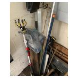 ASSORTED GARDEN TOOLS, INCL FRUIT PICKER, HOSE