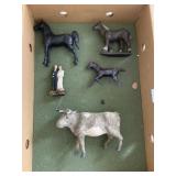 ASSORTED ANIMAL FIGURINES W/ CAST IRON HORSES,