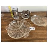 ASSORTED CLEAR GLASS SERVING PIECES, MUGS,