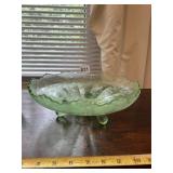 GREEN PRESSED GLASS FOOTED BOWL, FLORAL HOLLY