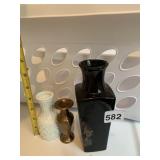 WHITE MILK GLASS VASE, BRASS CANDLESTICK, BLACK
