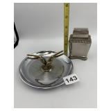 CHROME ASHTRAY W/ BRASS BIRD FIGURES, SILVER-TONE