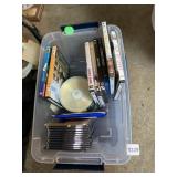 ASSORTED DVDS & CDS IN PLASTIC STORAGE TOTE,