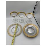 CLEAR GLASS COUPE GLASSES W/ GOLD RIM, DECORATIVE