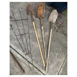 ASSORTED GARDEN TOOLS, SHOVELS, PITCHFORK,
