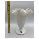 MILK GLASS RUFFLED VASE, WHITE, CLEAR RIM.