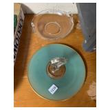 GLASS CAKE STAND W/ TEAL & GOLD ACCENTS, CLEAR