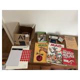 BOX LOT OF OFFICE SUPPLIES, MAD MAGAZINES,