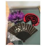 FEATHERED MASKS (2), FOLDING FAN W/ FLORAL