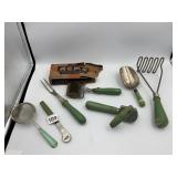 VINTAGE KITCHEN UTENSILS W/ GREEN HANDLES, ACME