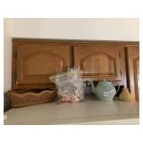 WOVEN BASKET, BAG OF CRAFT SUPPLIES, CERAMIC