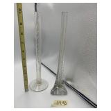 CLEAR GLASS BUD VASES W/ ETCHED DECORATION.
