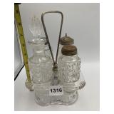 CLEAR PRESSED GLASS CRUET SET, METAL CADDY,