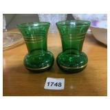 PR GREEN GLASS VASES W/ GOLD BANDS.