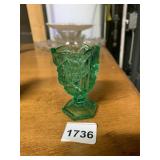 GREEN PRESSED GLASS FOOTED VASE, GEOMETRIC