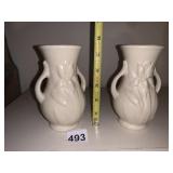 CREAM CERAMIC VASES W/ HANDLES, FLORAL RELIEF.