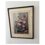 FRAMED PRINT, STILL LIFE ROSES IN VASE, ORNATE