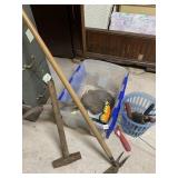 ASSORTED GARDEN TOOLS, PLASTIC BASKET, STORAGE