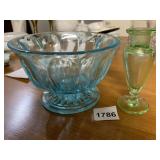 BLUE PRESSED GLASS FOOTED BOWL, GREEN GLASS