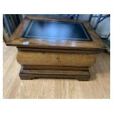 WOODEN COFFEE TABLE, LEATHER INSET TOP, STORAGE