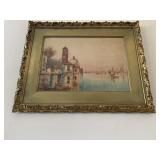FRAMED WATERCOLOR PAINTING, EUROPEAN CANAL SCENE,