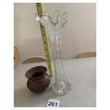 CLEAR GLASS FLUTED VASE, SMALL POTTERY VESSEL.