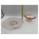 PINK PRESSED GLASS HEXAGONAL TRAY W/ FLOWER FROG,