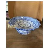 BLUE & WHITE CERAMIC FOOTED BOWL, FLORAL & SCROLL