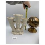 MADE IN JAPAN CERAMIC TRIPLE VASE, BRASS-TONED
