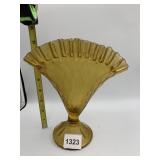AMBER GLASS FAN VASE, RUFFLED RIM, PEDESTAL BASE.